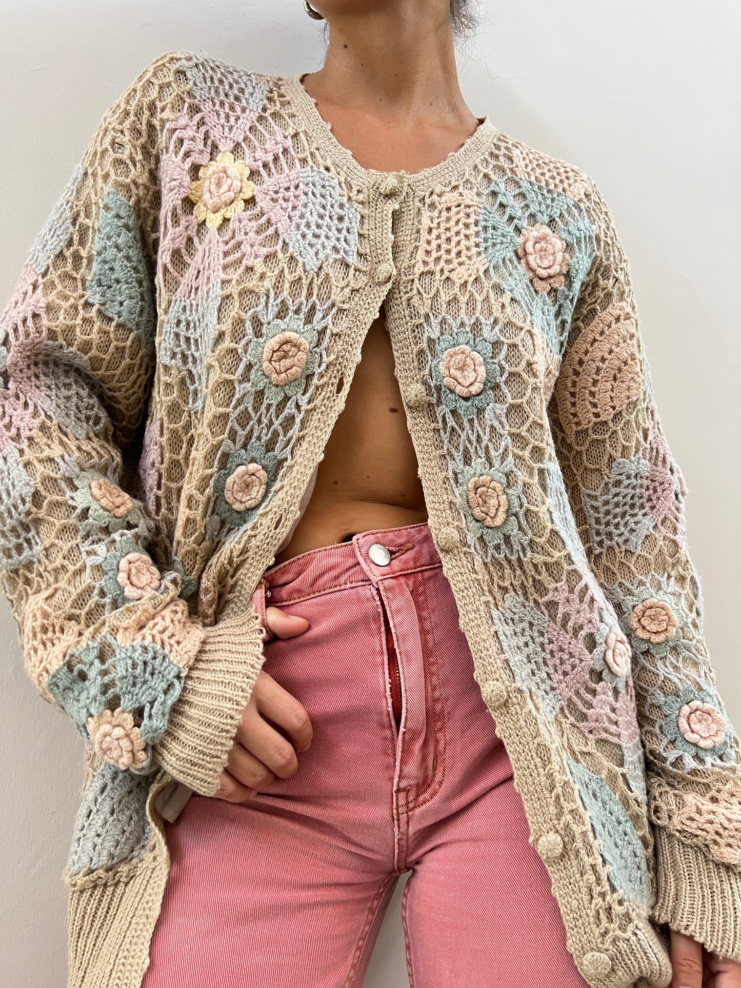 Vintage wool crochet cardigan with floral figures